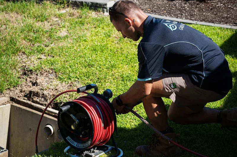 Plumber crouched at a drain pit feeding a high-pressure jetter hose